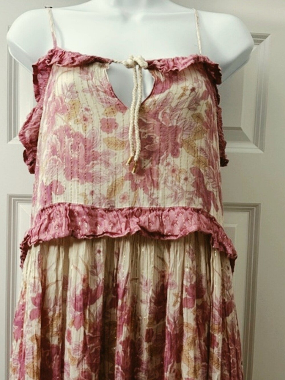 Spell Coco Lei Pink Floral Tiered Midi Dress with Lace Trim Med - Picture 5 of 6